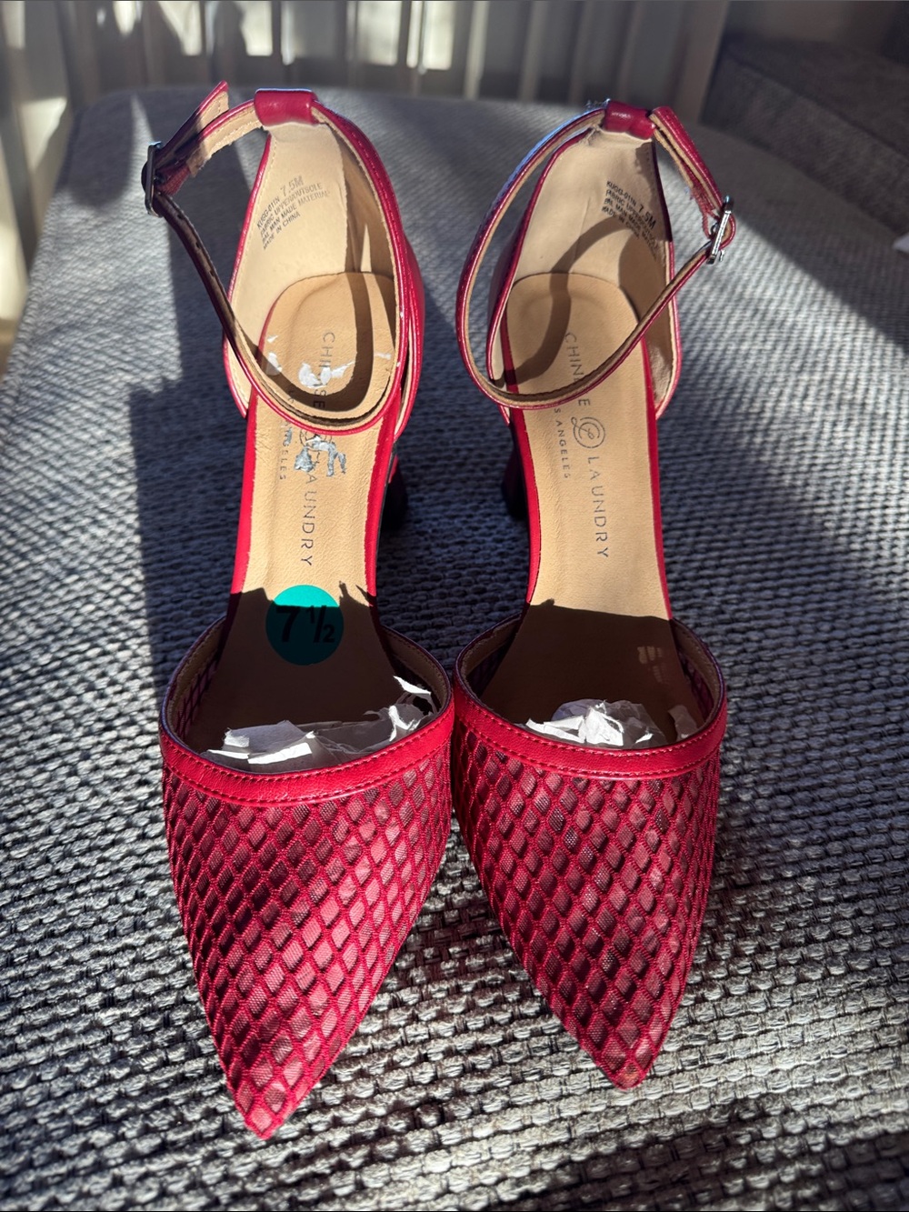 Chiara Ferragni Red-Maroon Pointed Mesh Ankle-Strap Heels with Buckle